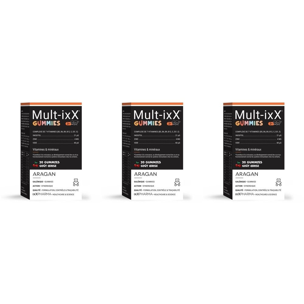 Trois boîtes de Mult-ixX Gummies. Texte noir sur fond blanc. Marque : ARAGAN. 30 gommes par boîte. Informations nutritionnelles.
