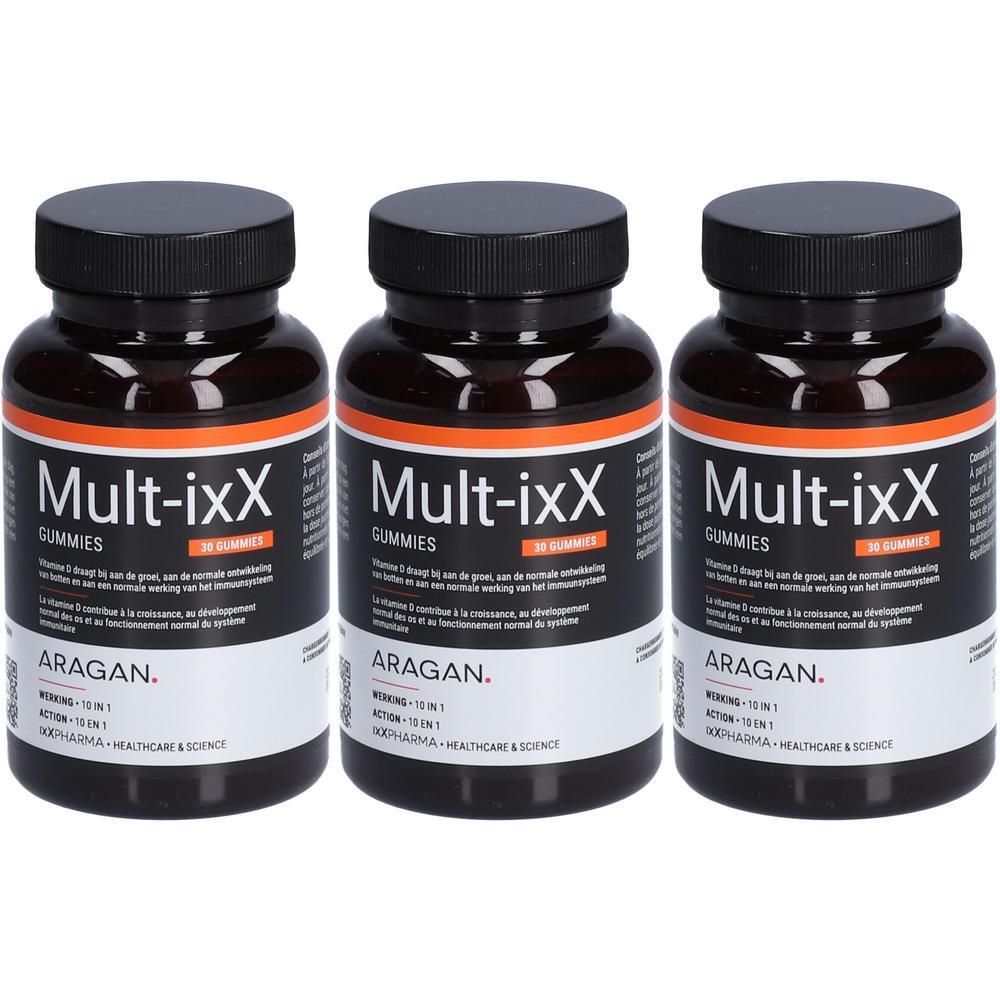 Trois flacons de Mult-ixX Gummies. Bouchons noirs, étiquette avec informations produit. Inscription: Mult-ixX Gummies, 30 Gummies.