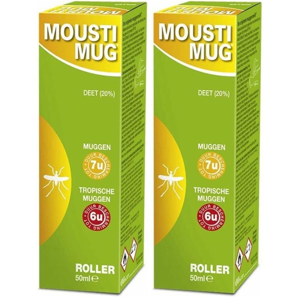 Deux boîtes vertes avec des accents jaunes. Inscription : Mousti Mug, DEET (20%), Roller, 50ml. Illustration d'un moustique.