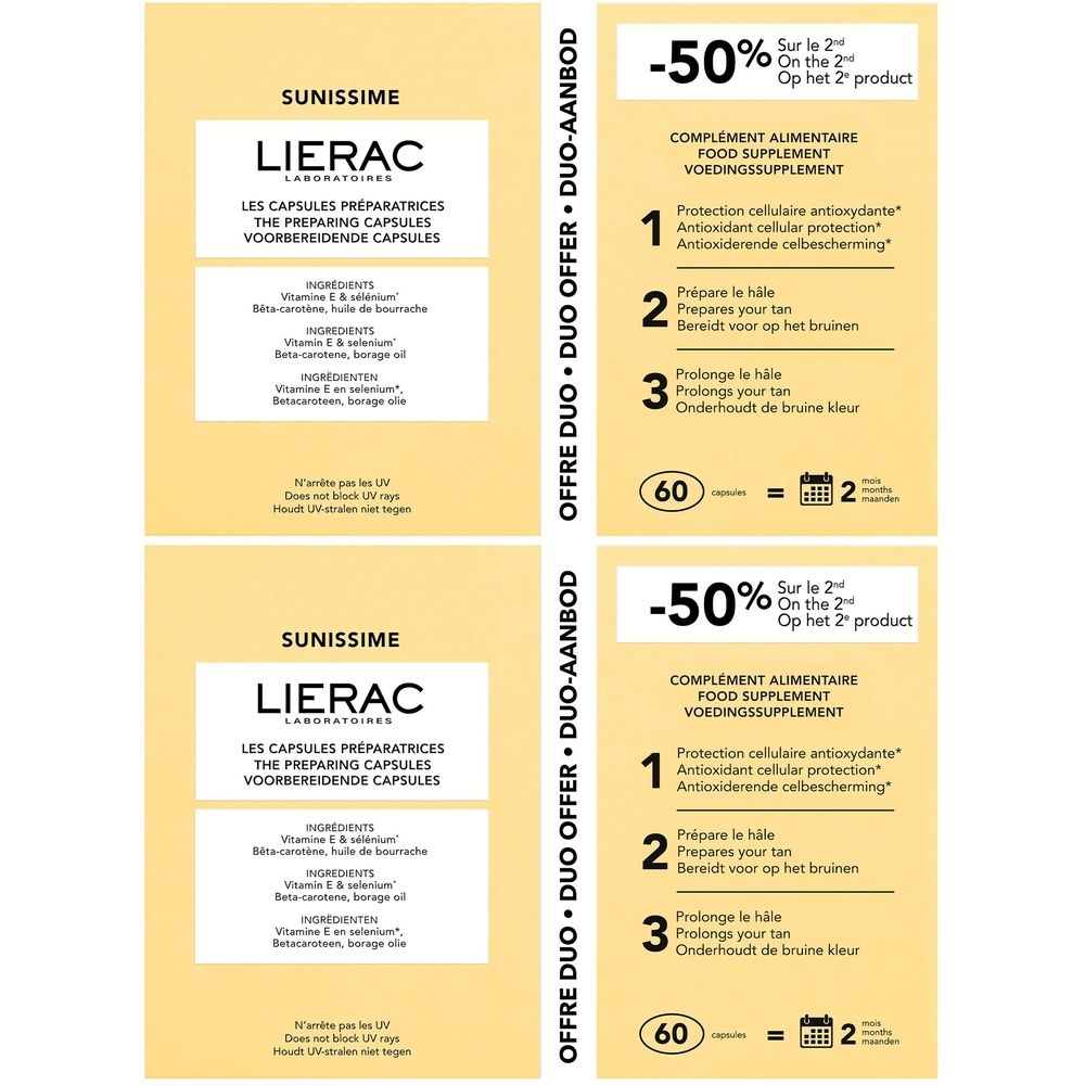 Quatre emballages Lierac Sunissime Capsules. Emballage jaune avec nom et détails du produit. Offre : -50% sur le 2ème produit.