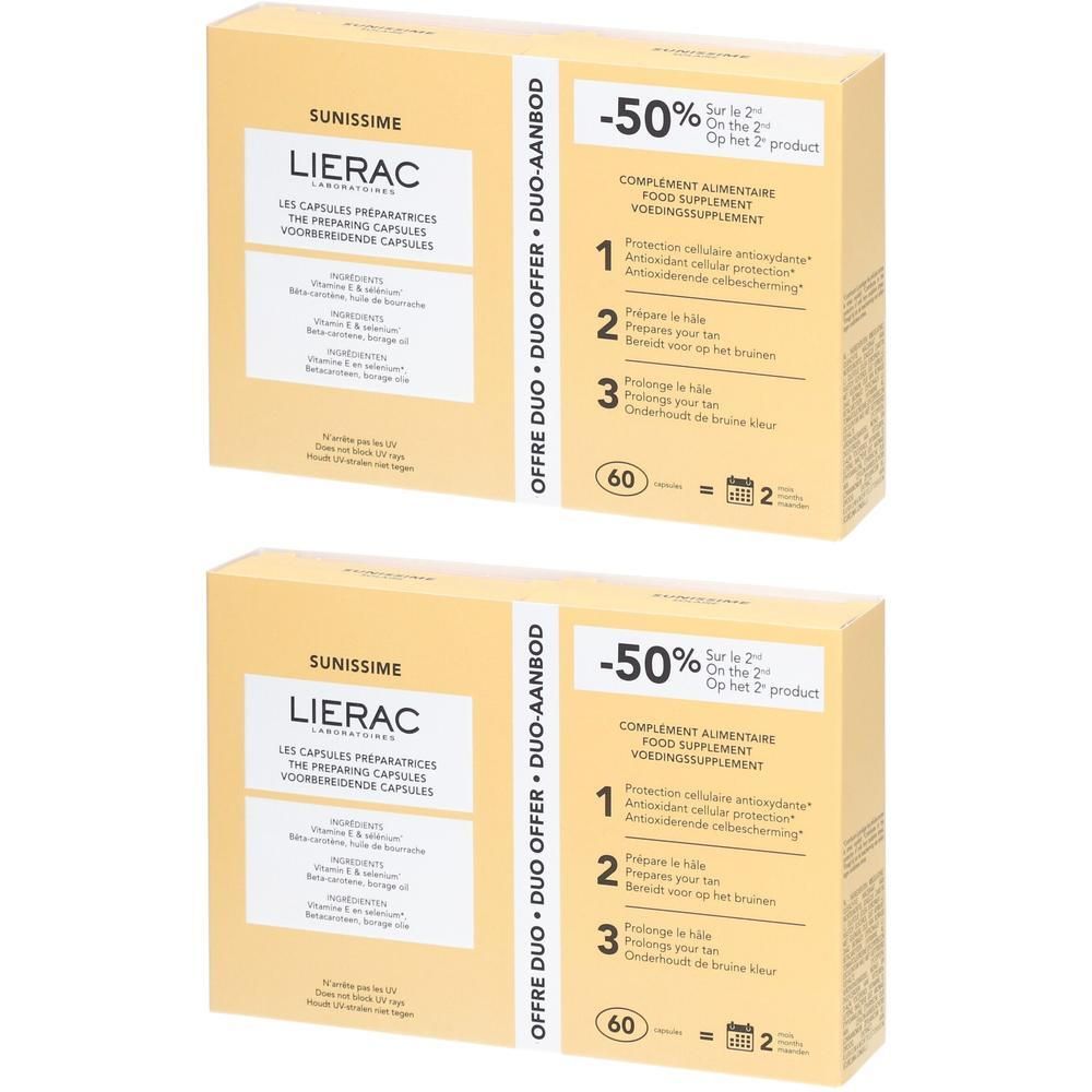 Deux boîtes Lierac Sunissime Capsules. Emballage jaune avec nom et détails du produit. Offre : -50% sur le 2ème produit.