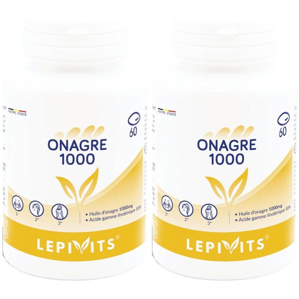 Deux flacons blancs avec étiquettes jaunes. Inscription: ONAGRE 1000, LEPIVITS. 60 gélules.
