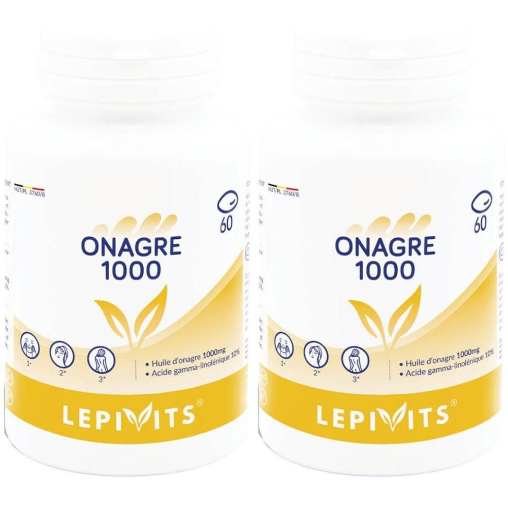 Deux flacons blancs avec étiquettes jaunes. Inscription: ONAGRE 1000, LEPIVITS. 60 gélules.