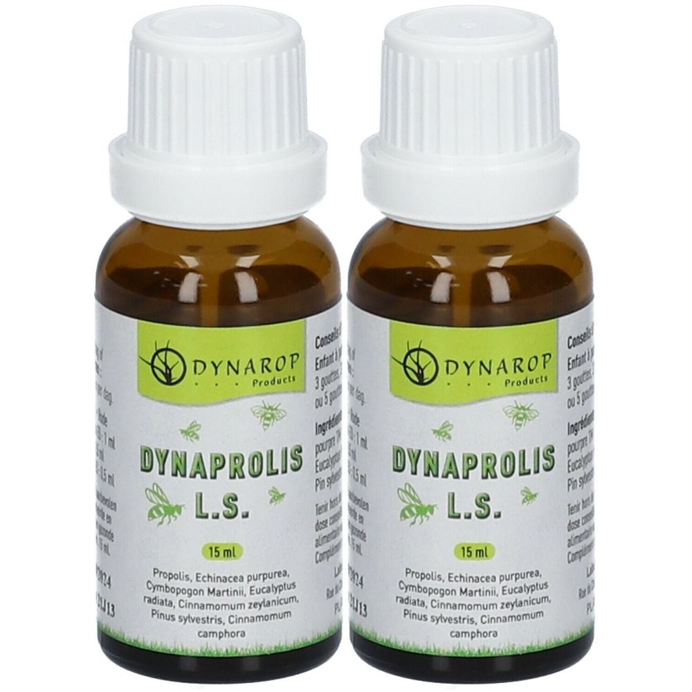 Deux flacons de Dynarop Dynaprolis L.S. Solution. Flacons en verre brun avec bouchons blancs et étiquettes.