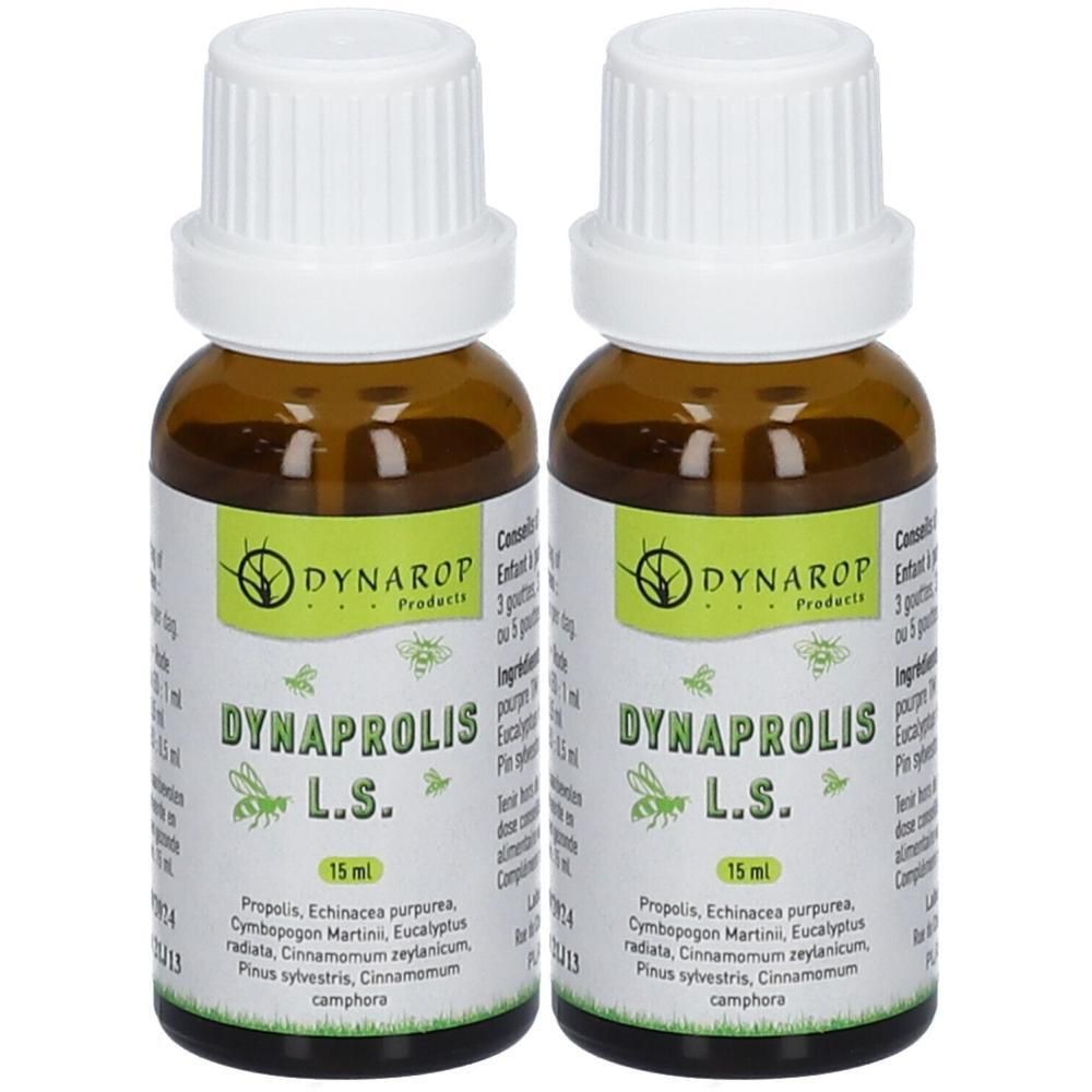 Deux flacons de Dynarop Dynaprolis L.S. Solution. Flacons en verre brun avec bouchons blancs et étiquettes.