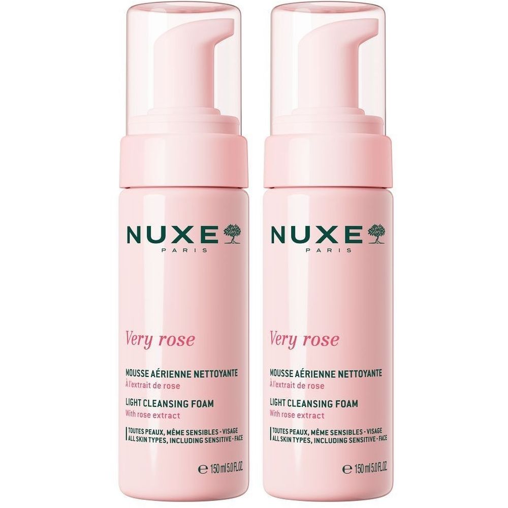 Deux flacons roses de Mousse nettoyante NUXE Very Rose. Avec pompe. Texte: Light Cleansing Foam, 150 ml.