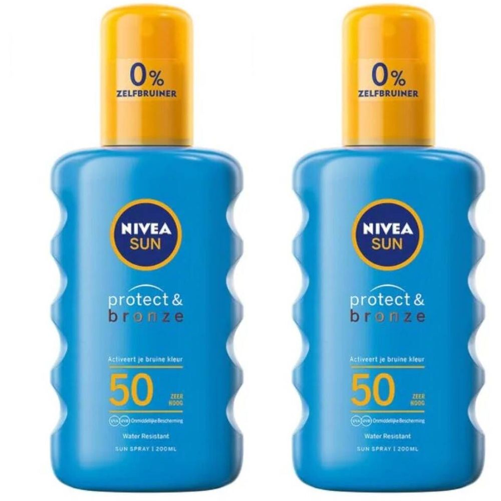 Deux sprays solaires bleus avec bouchons jaunes. Inscription : NIVEA SUN protect & bronze, SPF 50. Contient 0% d'autobronzant.