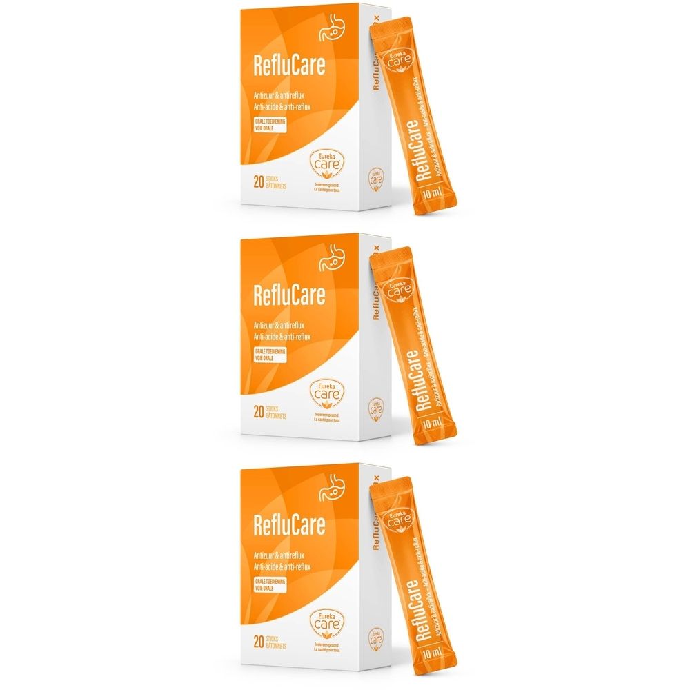 Trois boîtes et sachets. Sur les boîtes, il est écrit "RefluCare". Sur les sachets, il est écrit "RefluCare" et "10 ml".