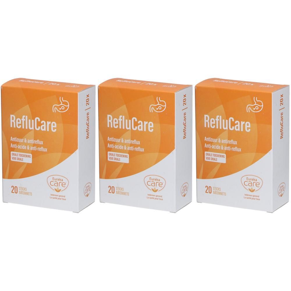 Trois boîtes de RefluCare, chacune contenant 20 sachets. Emballage orange avec logo et texte blancs.