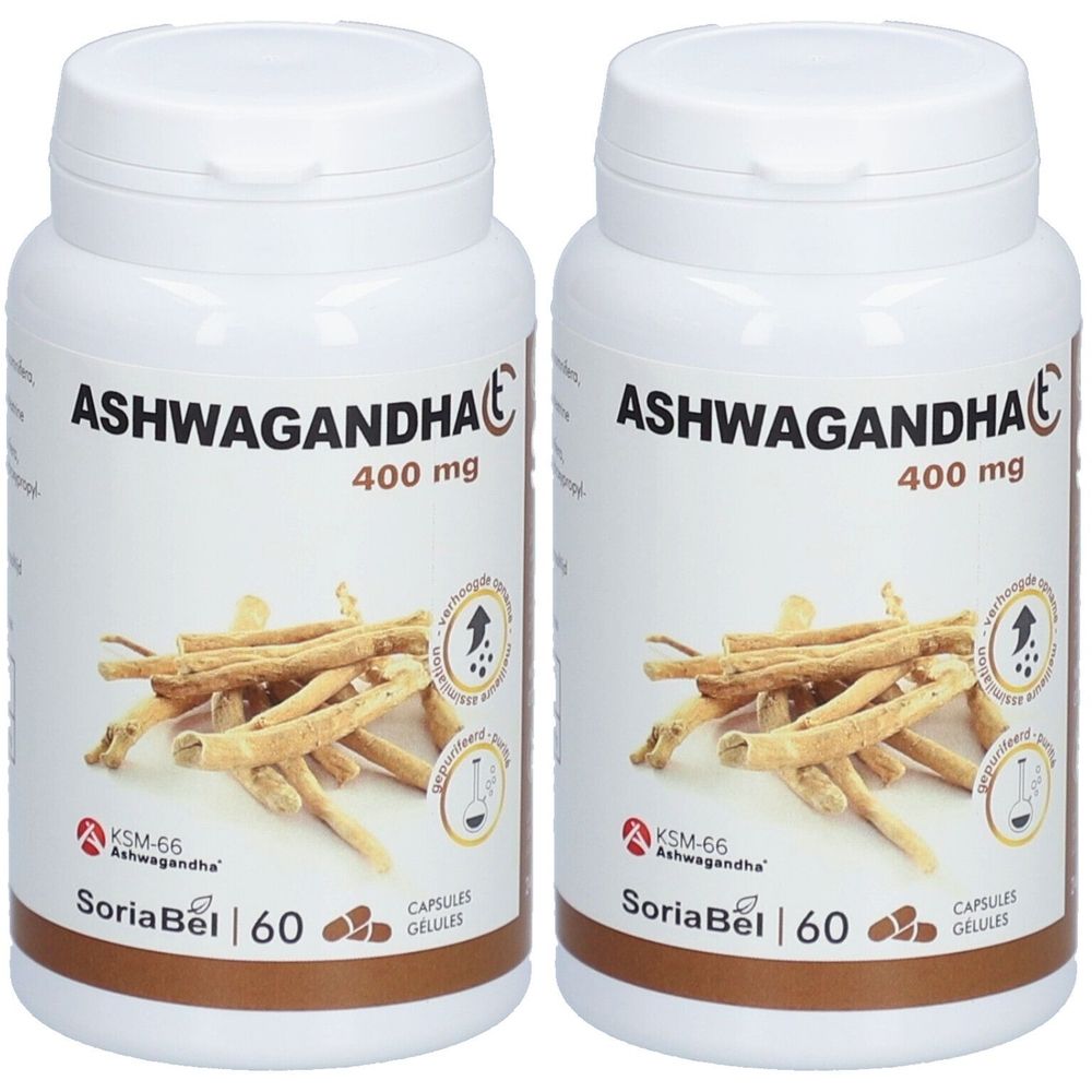 Deux flacons en verre brun avec couvercle doré. Inscription: 100 mg Ashwagandha. 60 gélules.