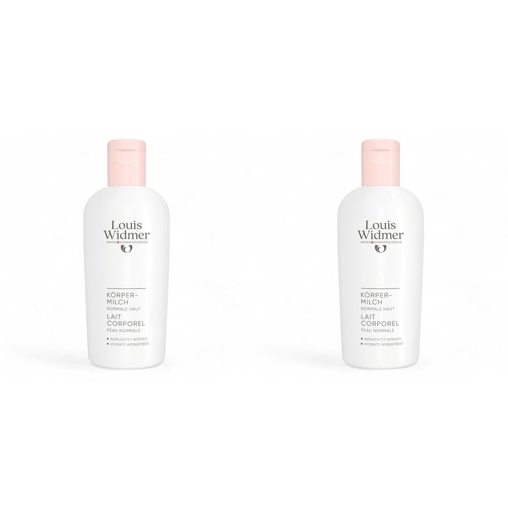 Deux flacons de Louis Widmer Lait Corporel, blancs avec bouchons roses. Inscription: KÖRPER-MILCH, LAIT CORPOREL.