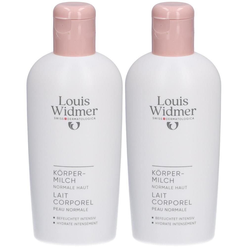 Deux flacons de Louis Widmer Lait Corporel, blancs avec bouchons roses. Inscription: KÖRPER-MILCH, LAIT CORPOREL.