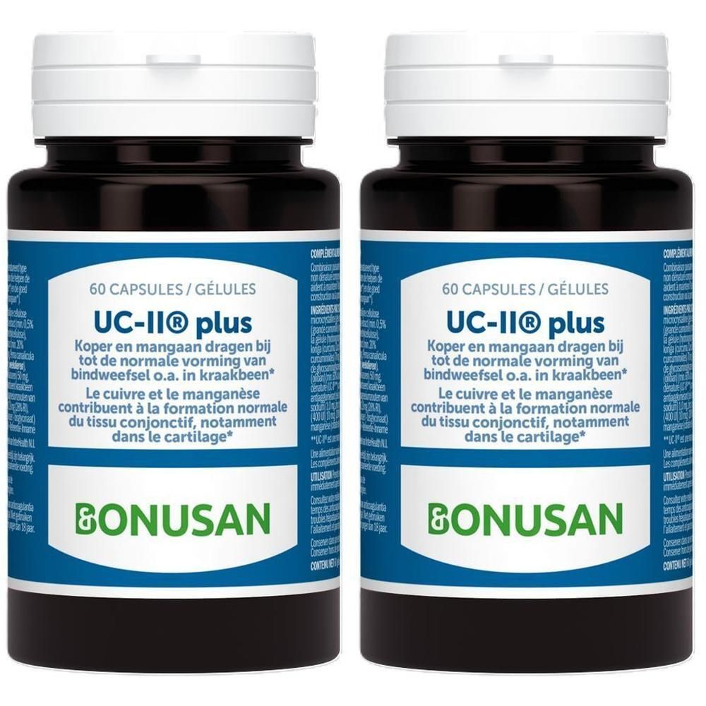 Deux flacons avec étiquettes bleues. Inscription: UC-II® plus et BONUSAN. Contient 60 gélules.