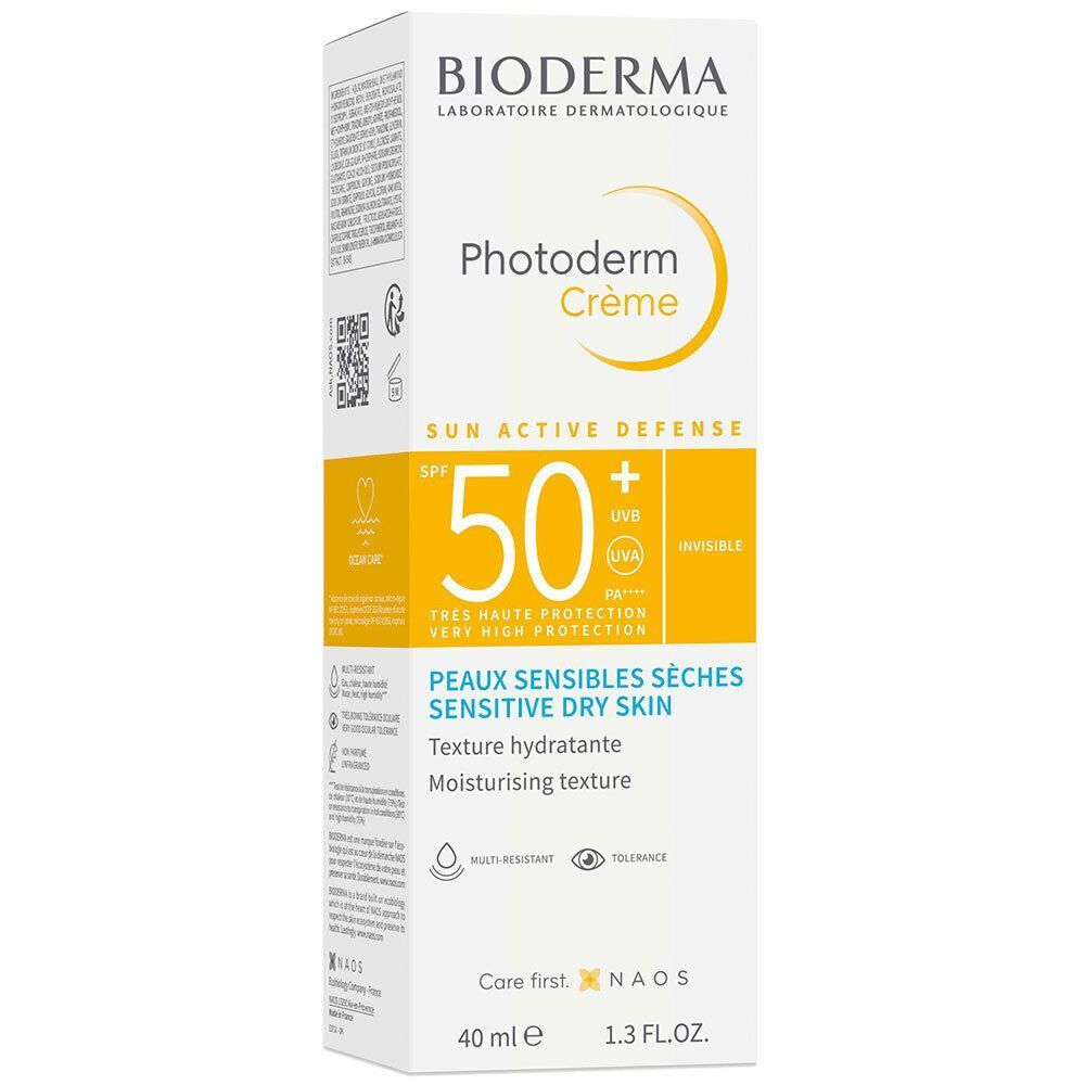 Emballage BIODERMA Photoderm Crème SPF 50+. Boîte blanche avec accents jaunes. Texte en français.