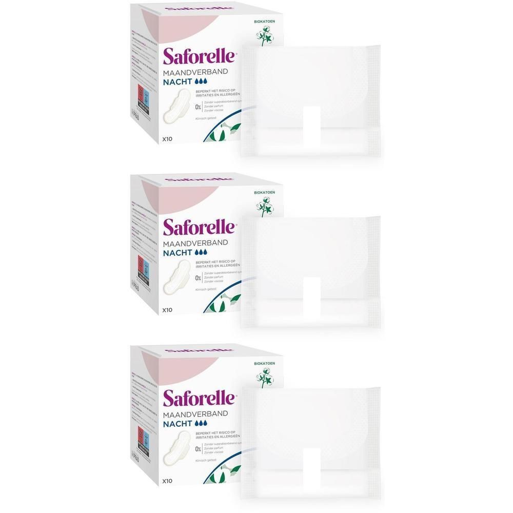 Trois boîtes et trois serviettes hygiéniques emballées individuellement. "Saforelle Nuit" est écrit sur les boîtes. Les serviettes sont blanches.