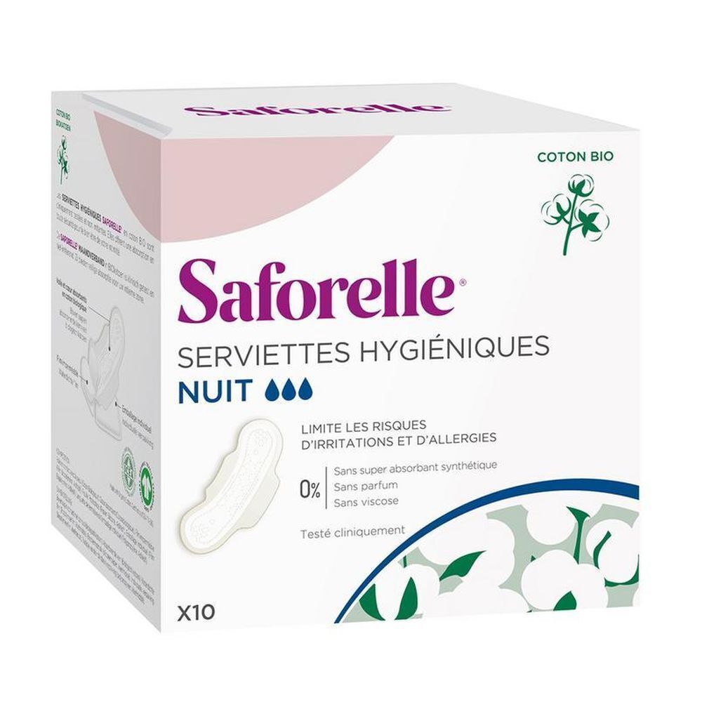 Emballage carré avec "Saforelle Serviettes Hygiéniques Nuit". Logo coton et illustration du produit.