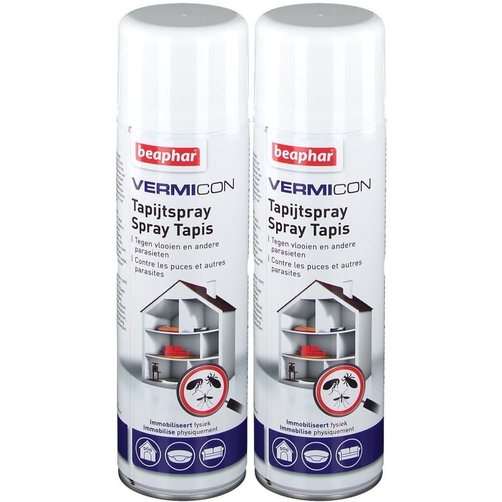 Deux bombes aérosol avec bouchon blanc. Inscription: beaphar VERMICON Spray Tapis. Illustration d'une maison et d'insectes.