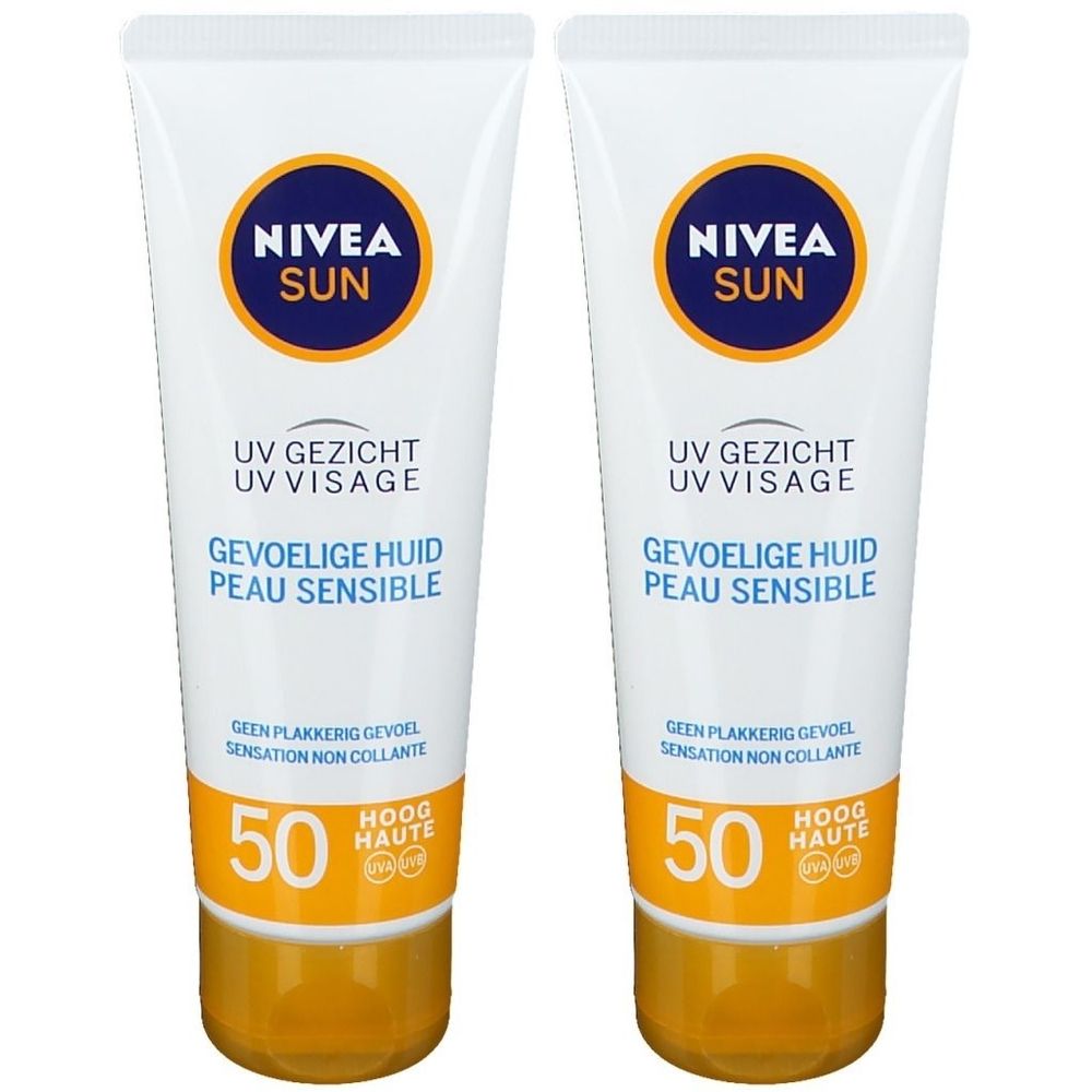 Deux tubes NIVEA Sun UV Visage SPF 50. Tubes blancs avec logo bleu et bouchon jaune. Texte: UV Visage, peau sensible.