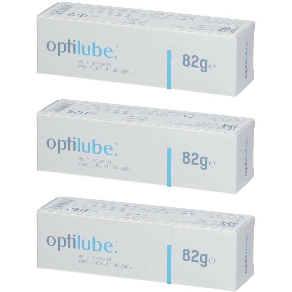 Trois boîtes blanches avec "optilube." et "82g".