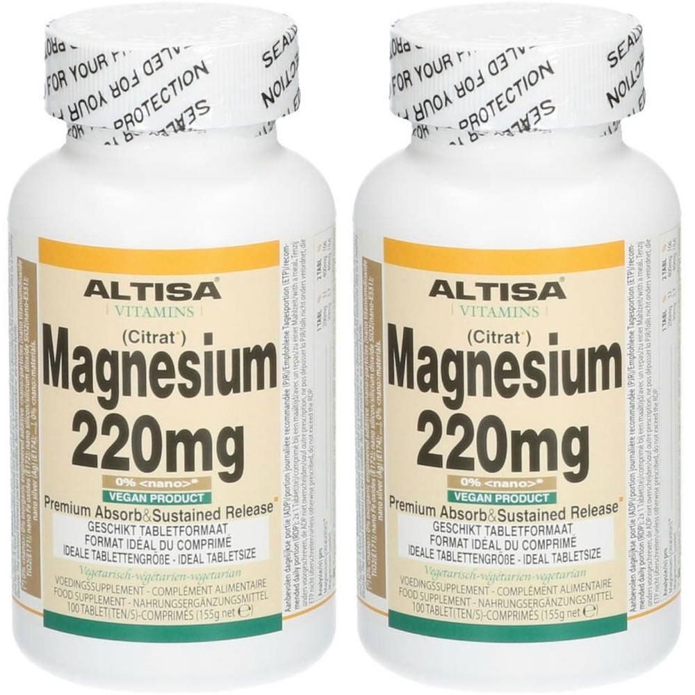 Deux flacons d'Altisa Magnesiumcitrat 220mg. Flacons blancs avec étiquette. Inscription: Magnesium 220mg, vegan.