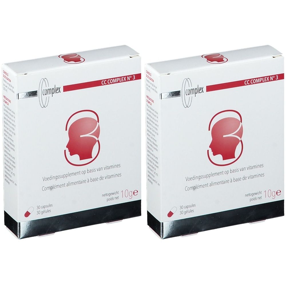 Deux boîtes blanches avec graphiques et texte rouges. Inscription: CC COMPLEX N°3. Contient 30 gélules. Poids net: 10g. Complément alimentaire à base de vitamines.