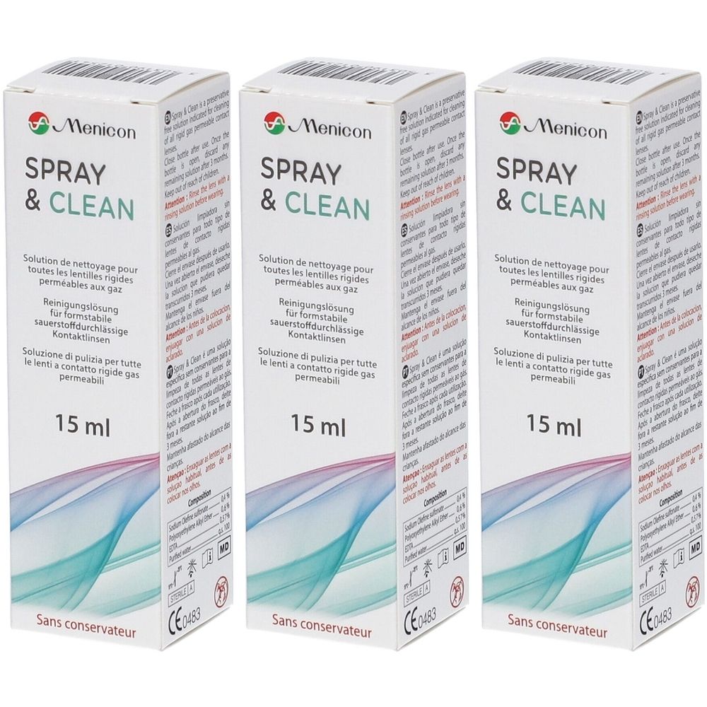 Trois boîtes blanches avec l'inscription Menicon Spray & Clean. Inscription : 15 ml. Différentes langues sont indiquées sur les boîtes.