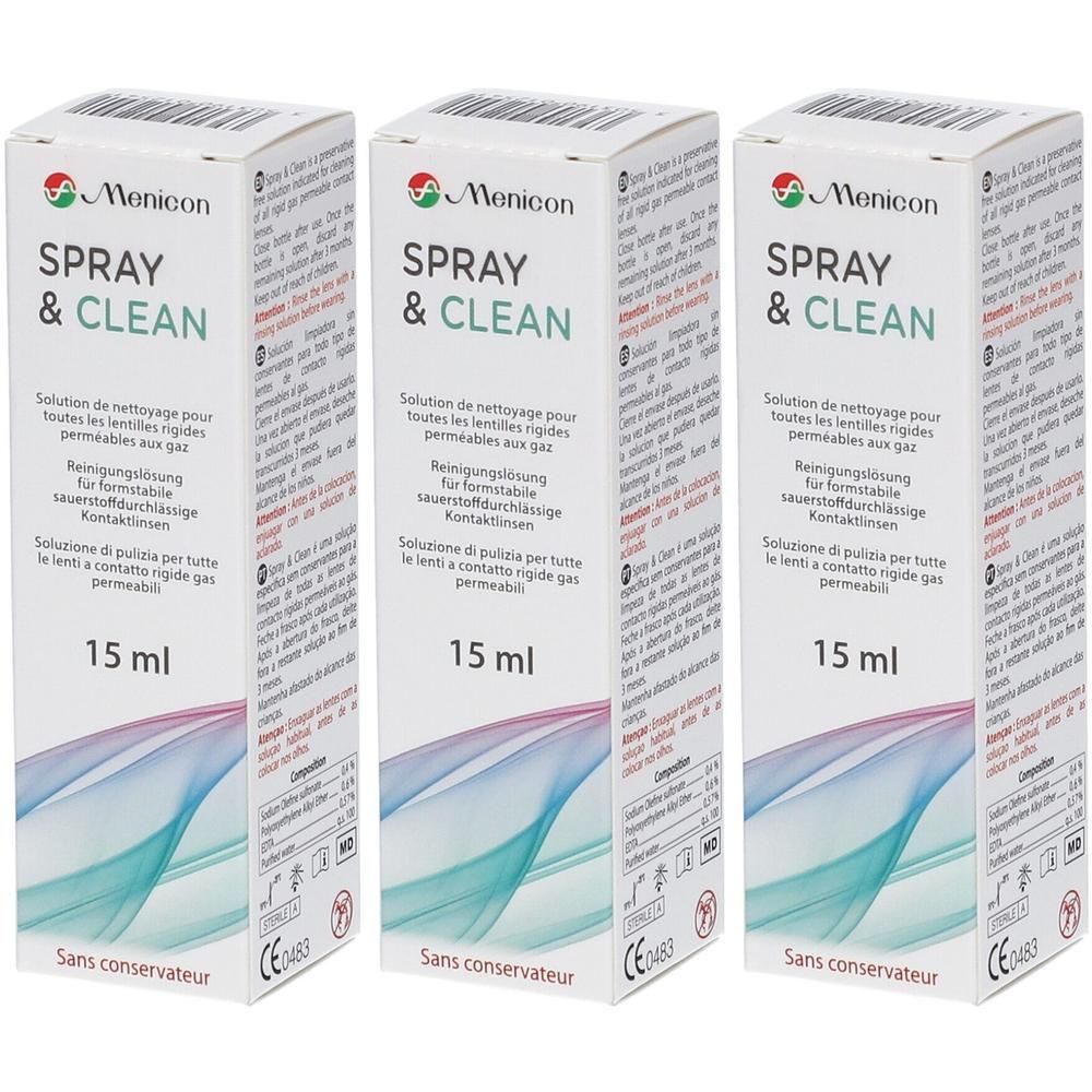 Trois boîtes Menicon Spray & Clean. Boîtes blanches avec nom du produit et indication 15 ml. Logo en haut à gauche.