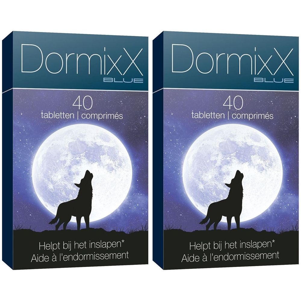 Deux boîtes de "DormixX BLUE". Emballage bleu avec lune, loup et texte. 40 comprimés.