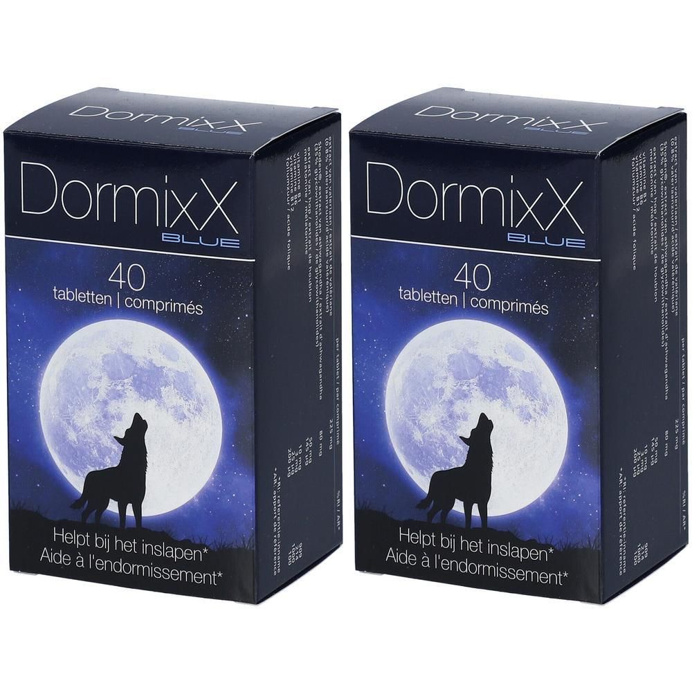 Deux boîtes de "DormixX BLUE". Emballage bleu avec lune, loup et texte. Contient 40 comprimés.