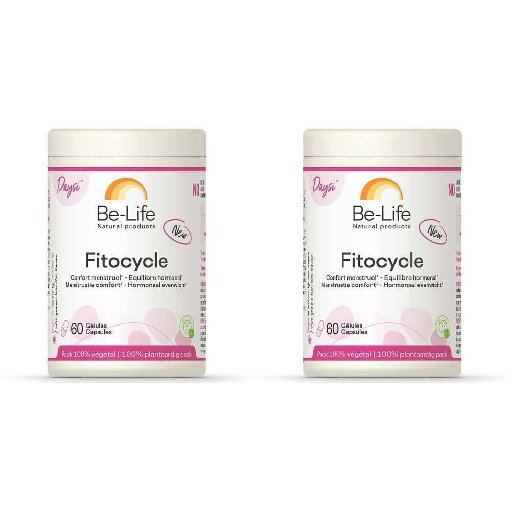 Deux boîtes de Be-Life Fitocycle. Récipients blancs avec étiquettes roses. Inscription : Fitocycle, 60 gélules. Logo : Be-Life Natural products.
