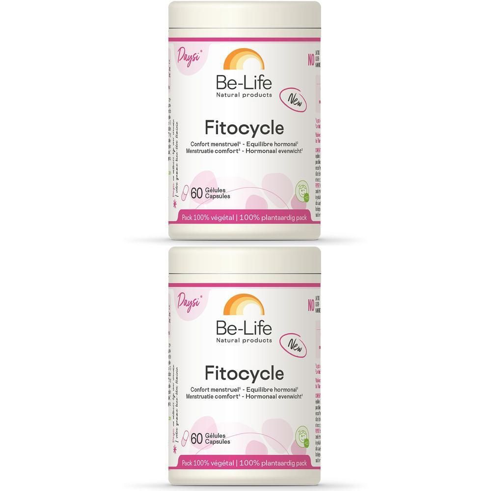 Deux boîtes de Be-Life Fitocycle. Récipients blancs avec étiquettes roses. Inscription : Fitocycle, 60 gélules. Logo : Be-Life Natural products.