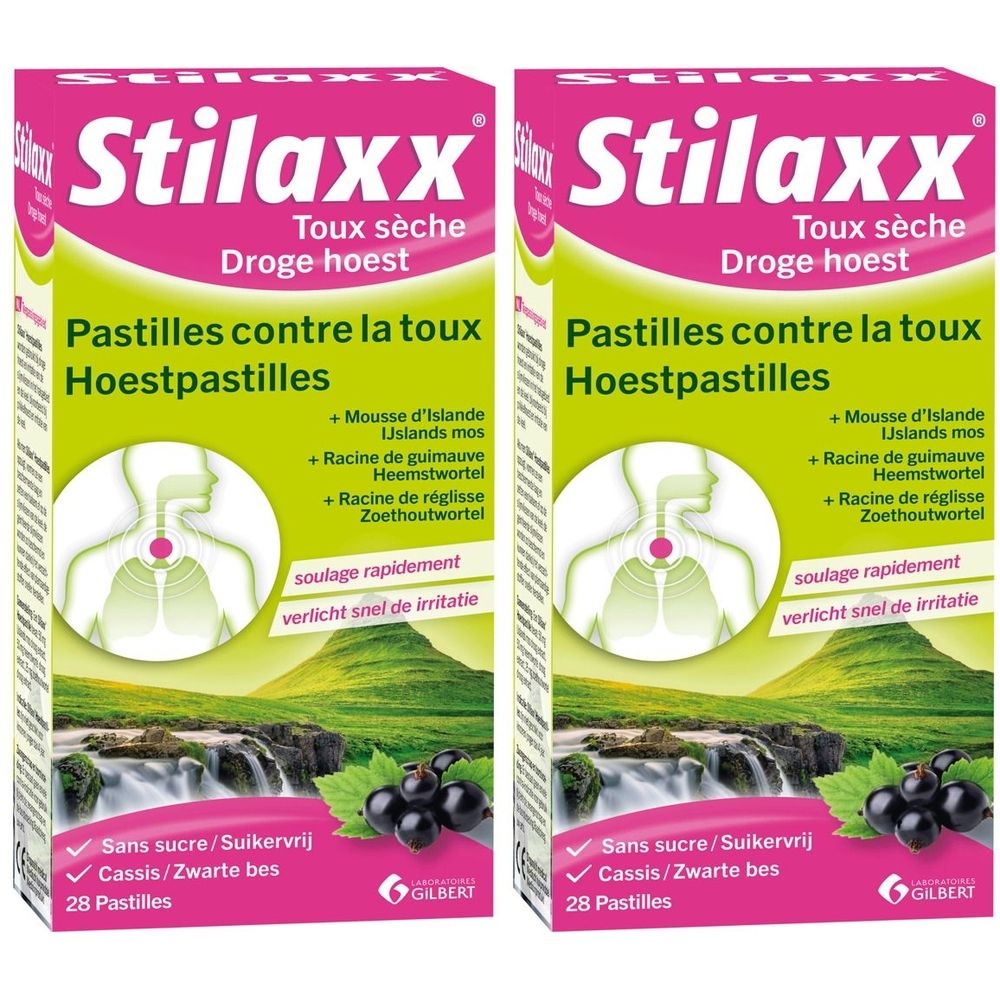 Deux boîtes de Stilaxx Pastilles Contre la Toux Sèche. Emballage rose et vert avec nom et ingrédients. Cassis.