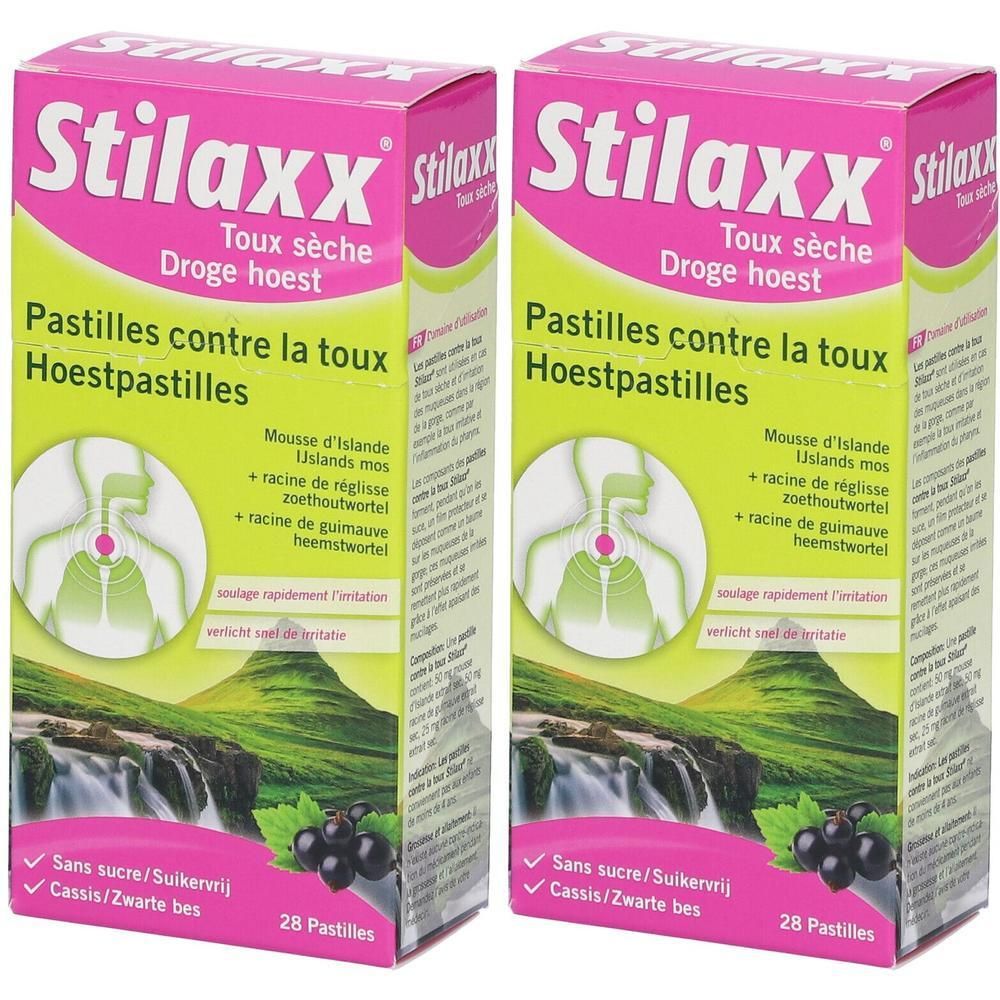 Deux boîtes de Stilaxx Pastilles Contre la Toux Sèche. Emballage rose et blanc avec nom et ingrédients. Cassis.