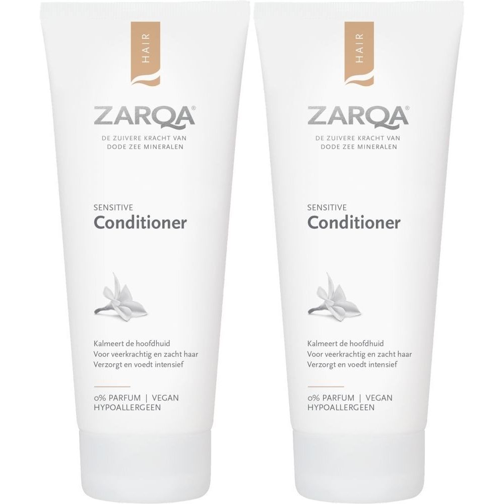 Deux tubes blancs. Chaque tube porte l'inscription "ZARQA Sensitive Conditioner".