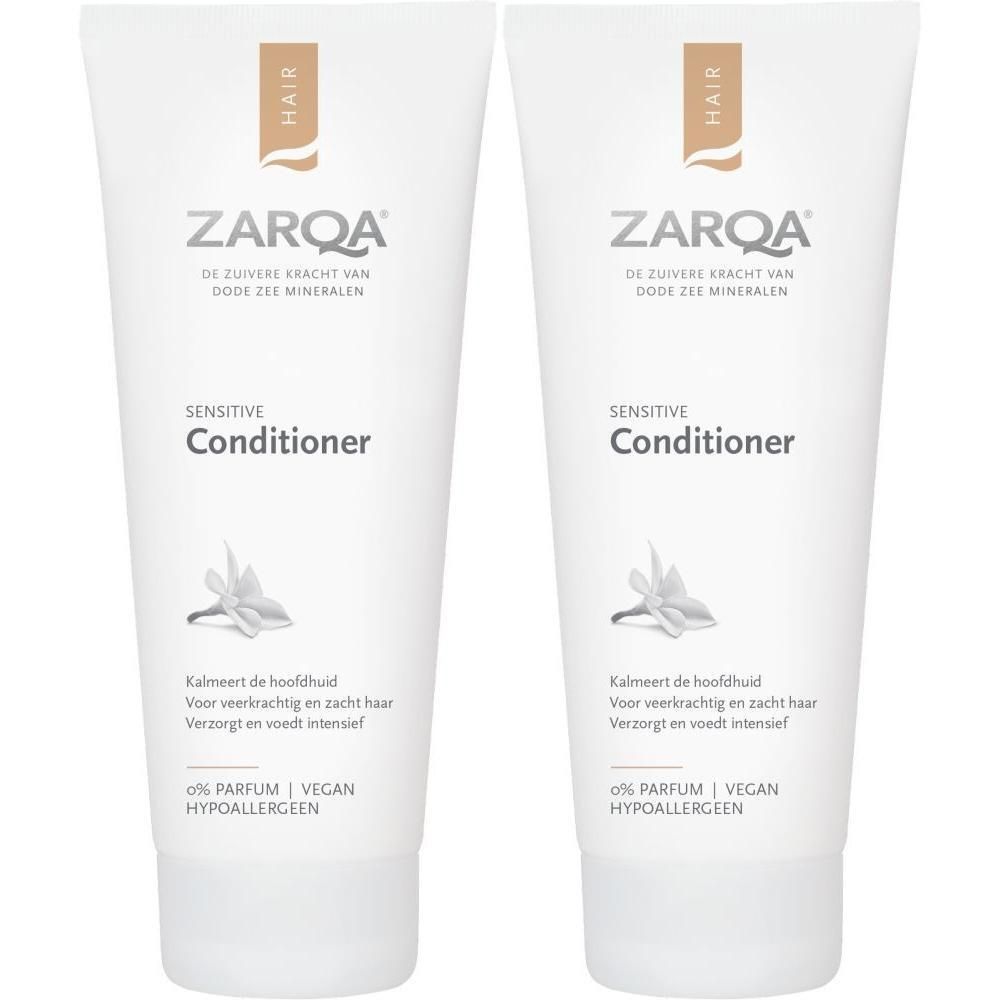 Deux tubes blancs. Chaque tube porte l'inscription "ZARQA Sensitive Conditioner".