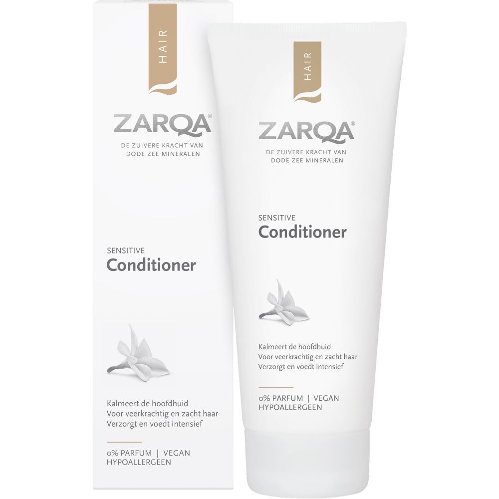 Un tube et une boîte. Tous deux affichent "ZARQA Sensitive Conditioner".