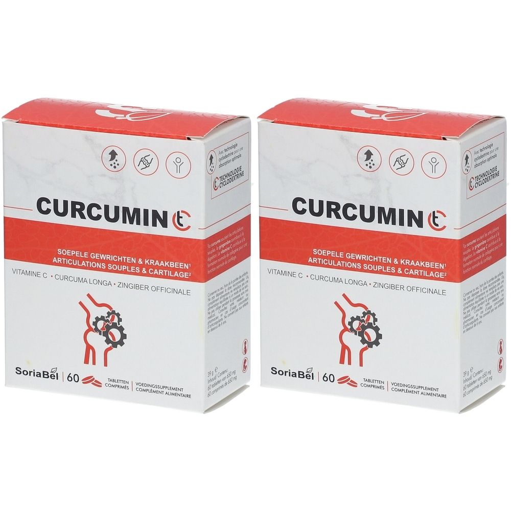 Deux boîtes de Curcumin C. Emballage rouge et blanc avec texte et logo. Contient 60 comprimés.