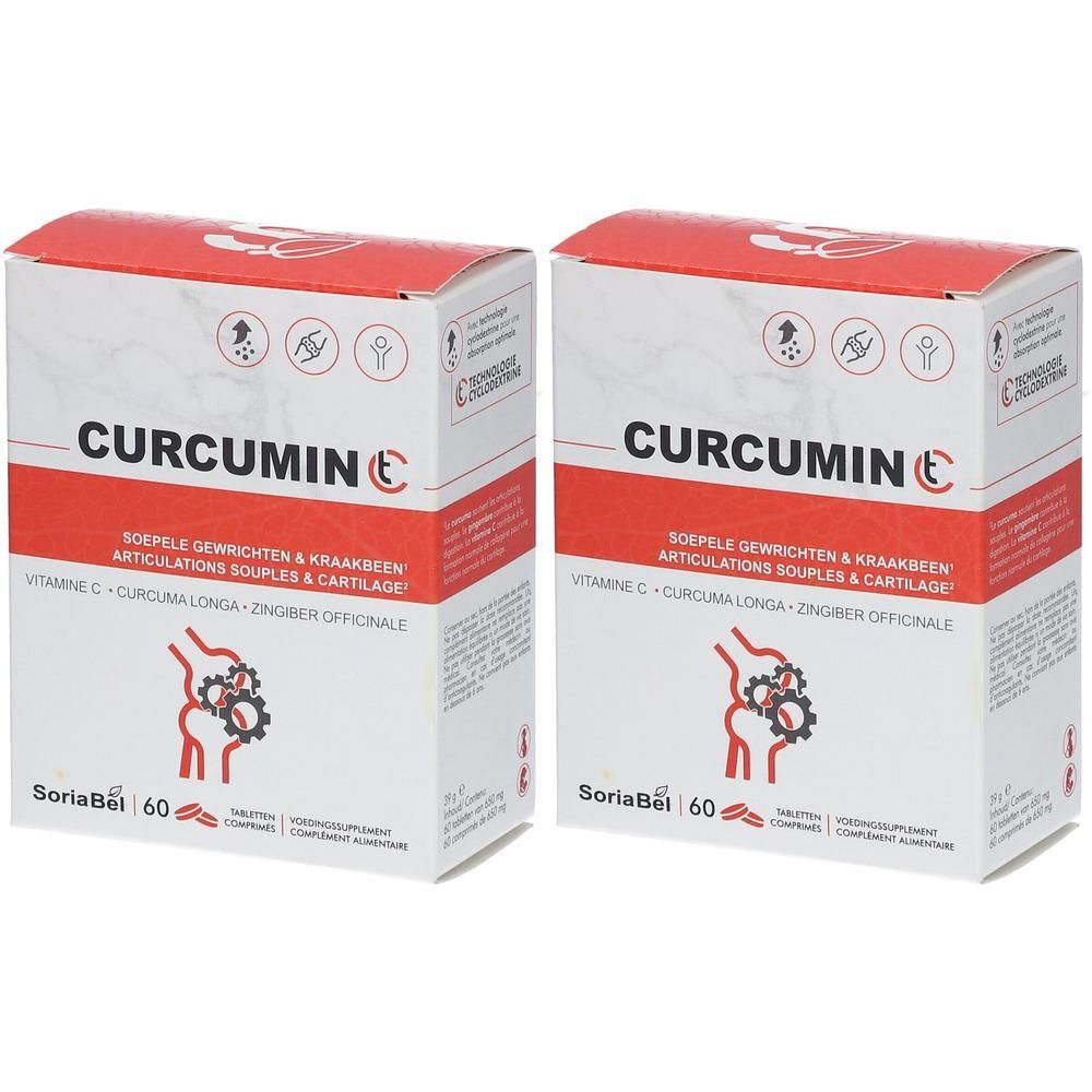 Deux boîtes de Curcumin C. Emballage rouge et blanc avec texte et logo. Contient 60 comprimés.