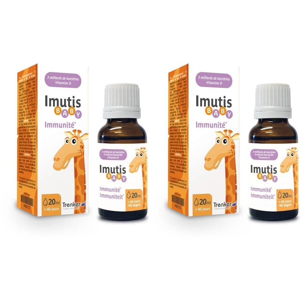 Deux flacons et deux boîtes Imutis Baby. Flacons en verre brun avec bouchon blanc. Boîtes avec illustration de girafe et nom du produit.