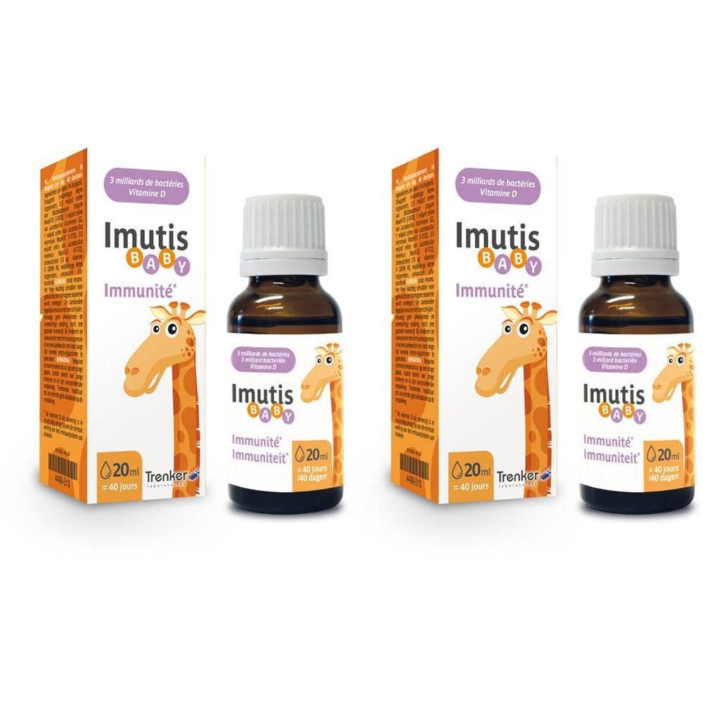 Deux flacons et deux boîtes Imutis Baby. Flacons en verre brun avec bouchon blanc. Boîtes avec illustration de girafe et nom du produit.