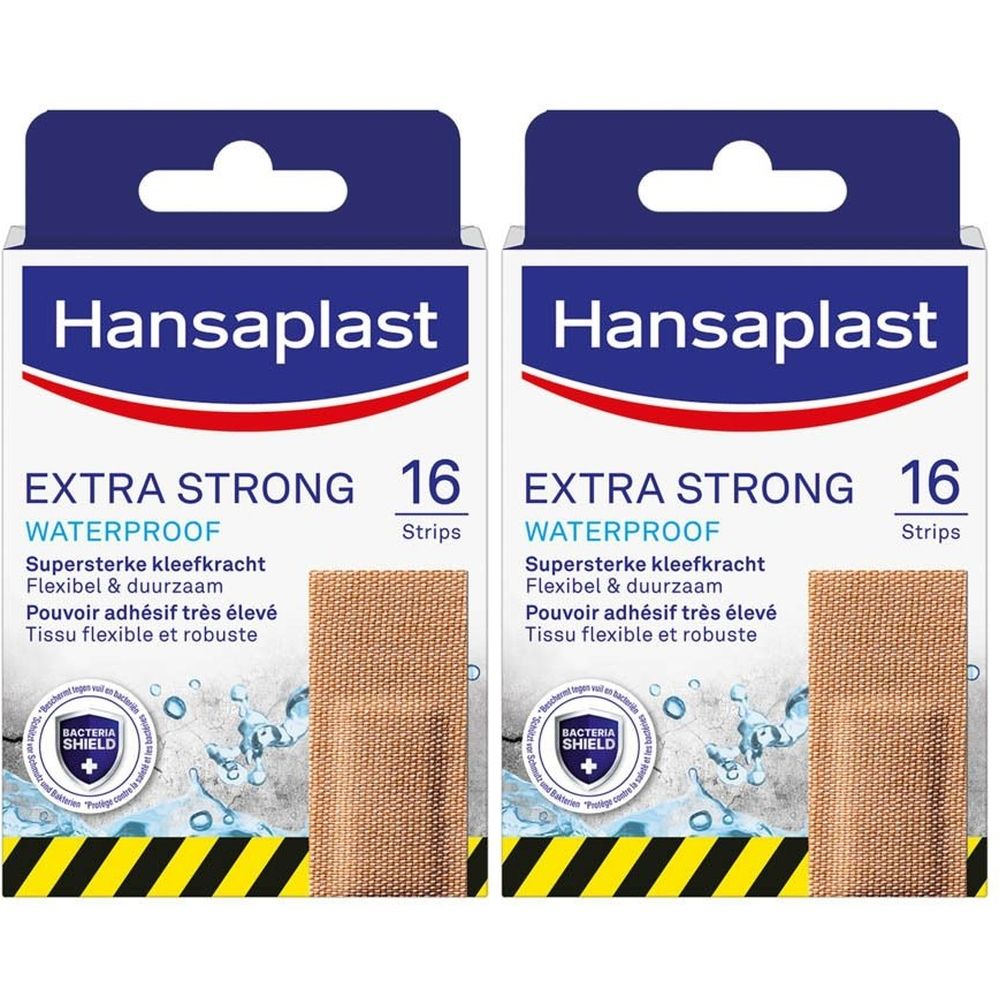 Deux boîtes de pansements Hansaplast Extra Strong. Emballage bleu avec nom du produit et 16 pansements. Imperméable.