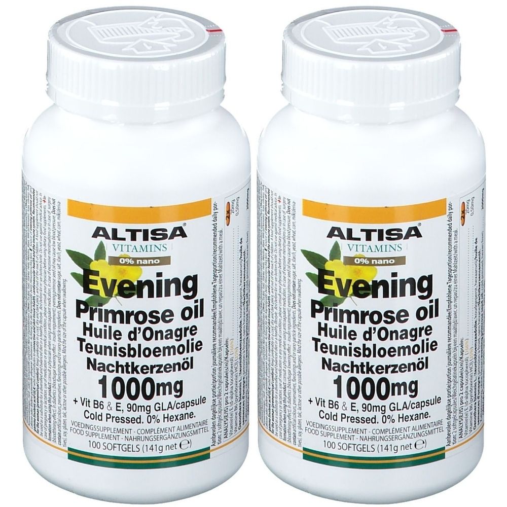 Deux flacons blancs d'ALTISA Vitamins Evening Primrose Oil. Inscription : 1000mg, 100 gélules. Étiquette jaune-vert.