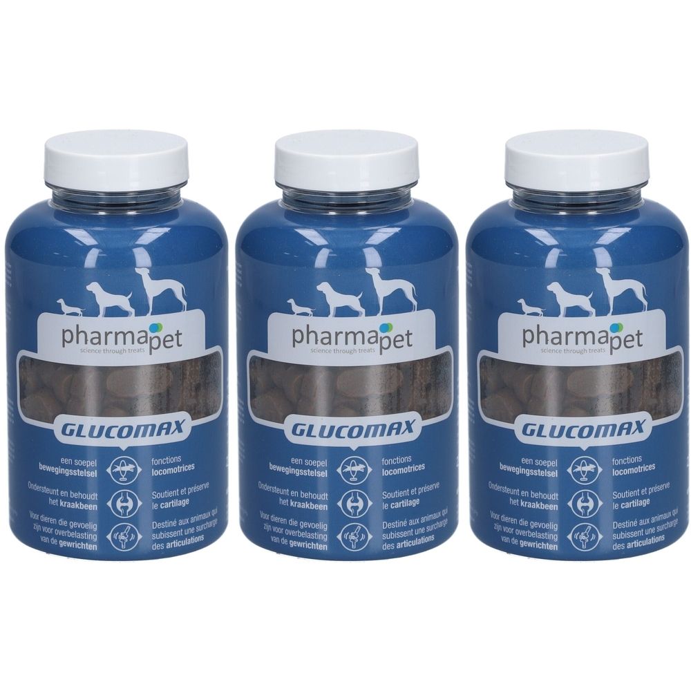 Trois flacons bleus avec couvercles blancs. Inscription: pharmapet GLUCOMAX. Friandises visibles. Illustration d'un chien.
