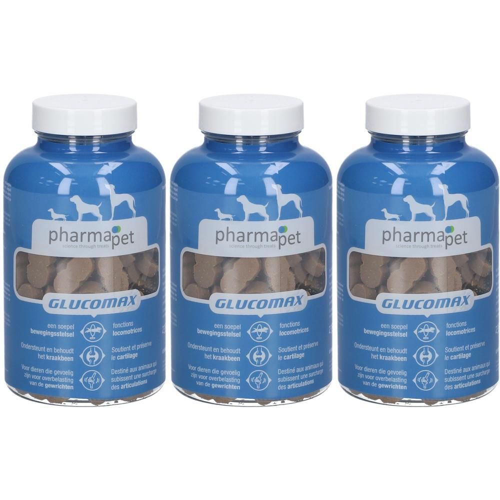 Trois flacons bleus avec couvercles blancs. Inscription: pharmapet GLUCOMAX. Friandises visibles. Illustration d'un chien.