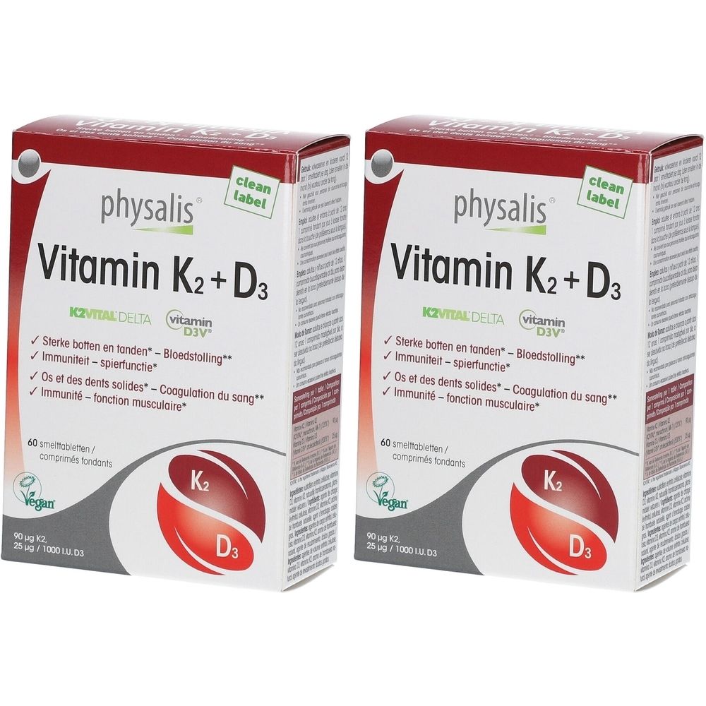 Deux boîtes de PHYSALIS Vitamine K2 + D3. Boîtes rouges et blanches avec informations et logo.