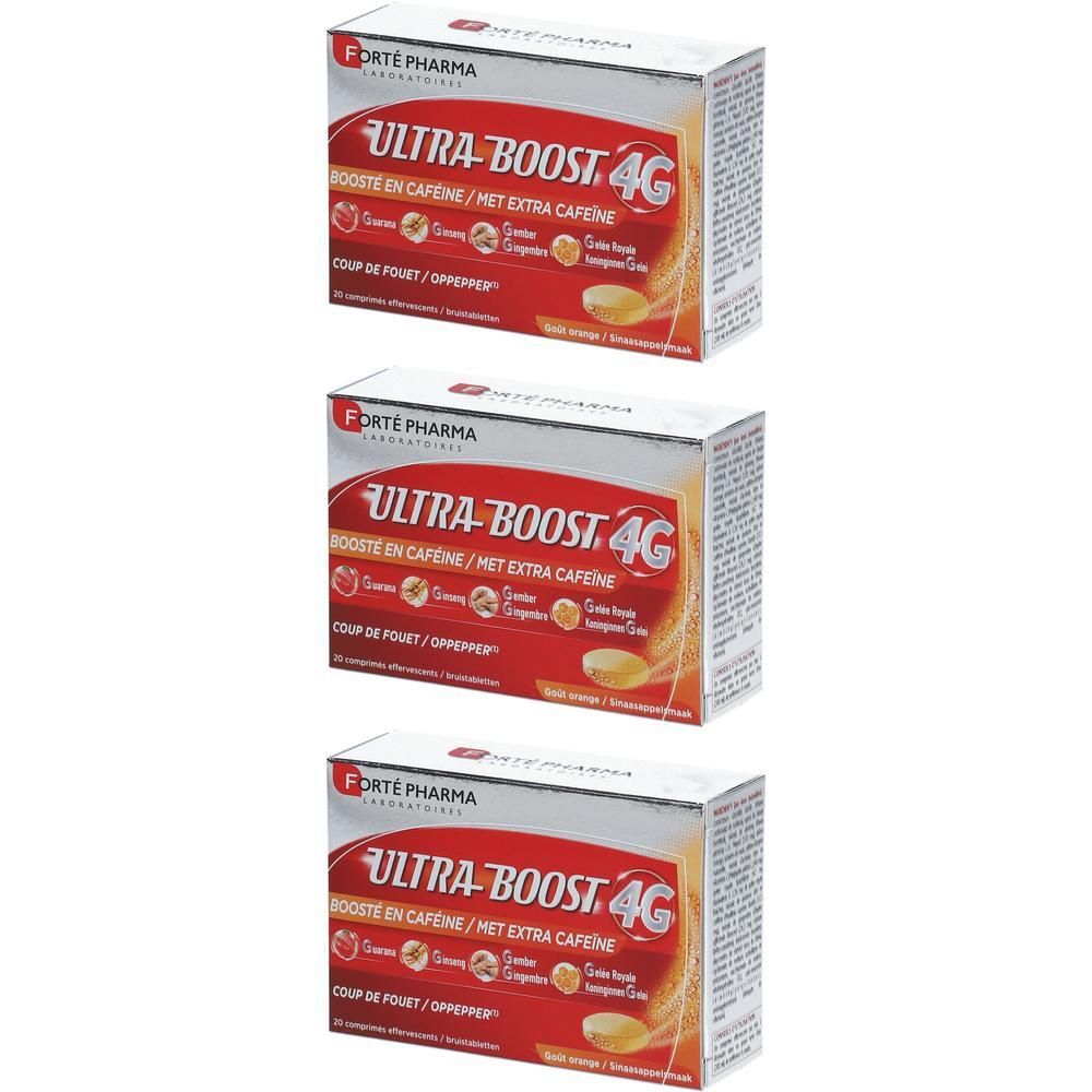 Trois boîtes Forté Pharma Ultra-Boost 4G. Emballage rouge et argenté avec nom et informations produit.