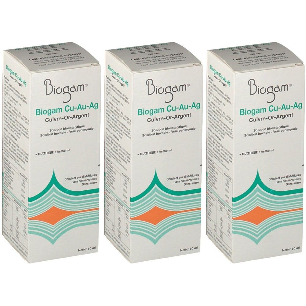 Trois boîtes Biogam Cu-Au-Ag. Boîtes blanches avec des accents verts et orange. Texte: Cuivre-Or-Argent, Diathèse, sans conservateurs.