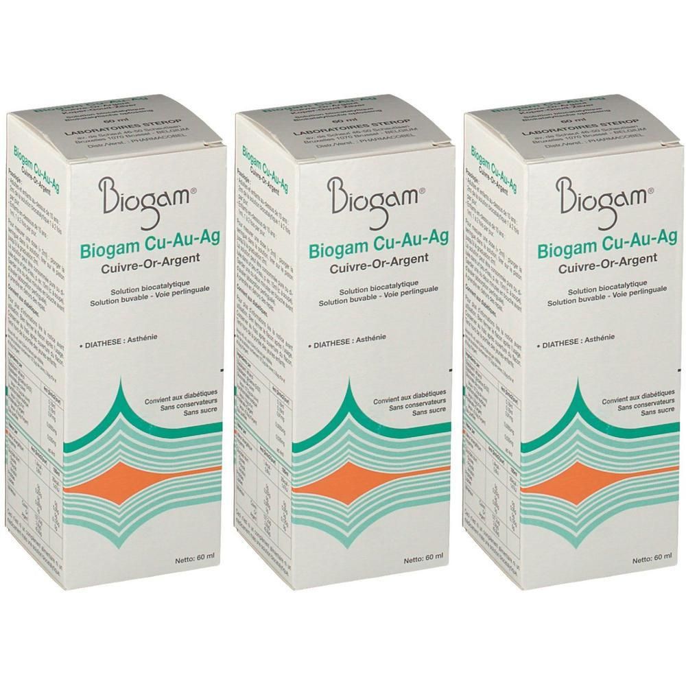 Trois boîtes Biogam Cu-Au-Ag. Boîtes blanches avec des accents verts et orange. Texte: Cuivre-Or-Argent, Diathèse, sans conservateurs.