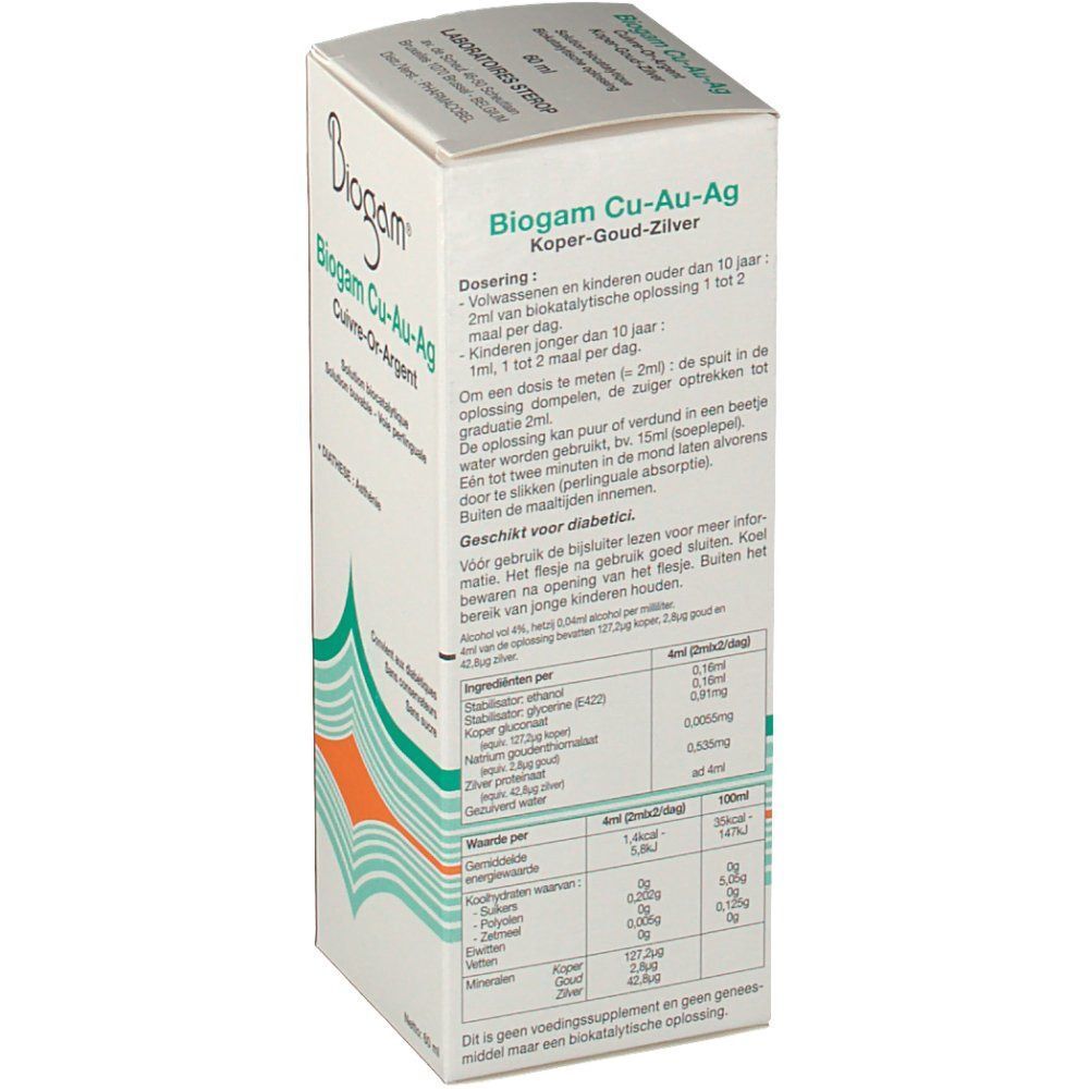 Boîte Biogam Cu-Au-Ag. Dos avec texte en néerlandais. Contient des informations sur le dosage, les ingrédients et les valeurs nutritionnelles.