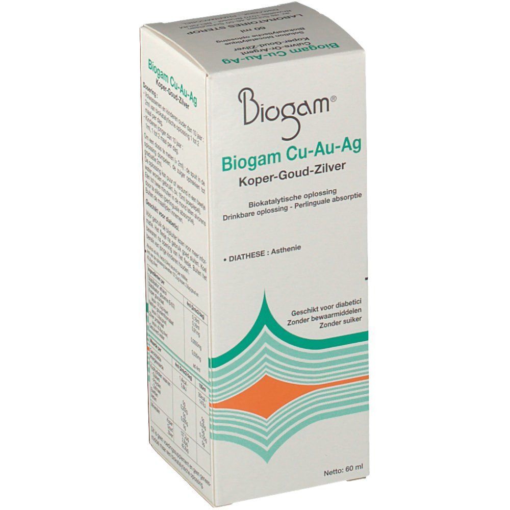 Boîte Biogam Cu-Au-Ag. Face avant avec texte en néerlandais. Contient des informations sur Diathèse et les ingrédients.